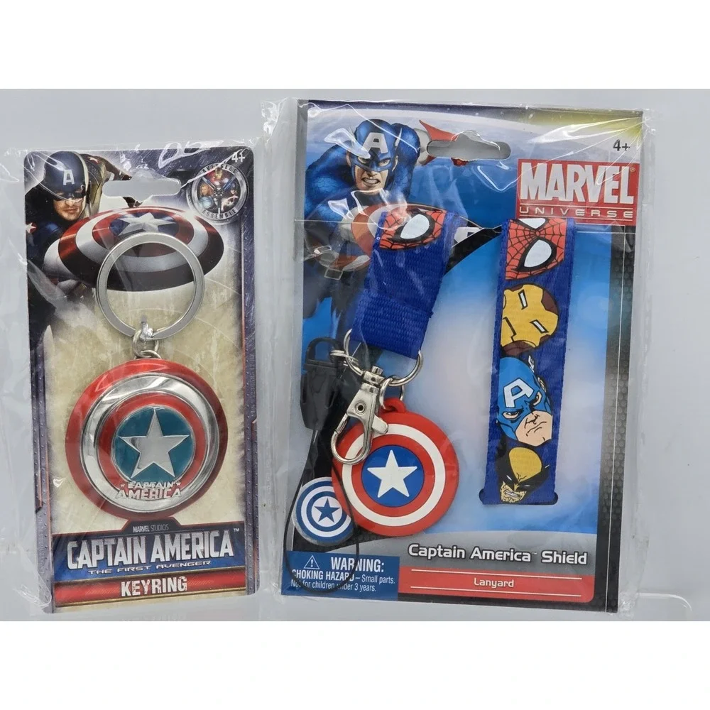 2 Lot Marvel Captain America Shield Pewter Key Ring NEW SEALED &‎ Lanyard!